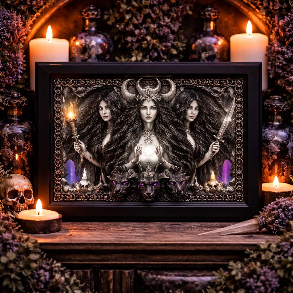 Gothic Triple Moon Goddess Canvas Print - Pagan Black Framed Wall Art for Altar & Meditation Room-MoonChildWorld
