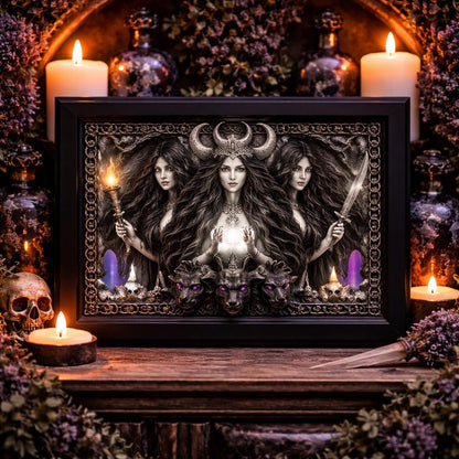Gothic Triple Moon Goddess Canvas Print - Pagan Black Framed Wall Art for Altar & Meditation Room-MoonChildWorld