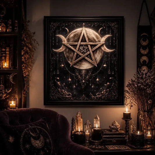 Gothic Triple Moon Pentagram Canvas Wall Art - Halloween Black Framed Print for Witch Altar_mockup_1.webp
