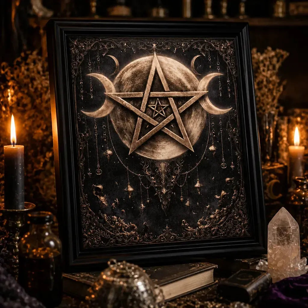Gothic Triple Moon Pentagram Canvas Wall Art - Halloween Black Framed Print for Witch Altar_mockup_3.webp