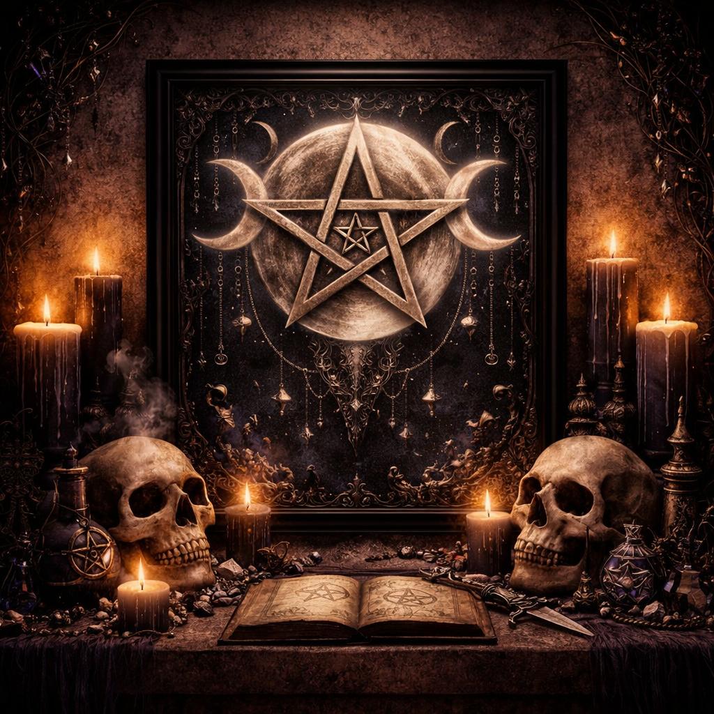 Gothic black framed canvas art with a glowing Triple Moon Pentagram, surrounded by skulls and lit candles.