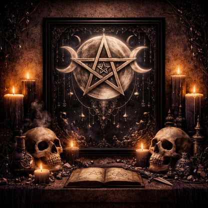 Gothic black framed canvas art with a glowing Triple Moon Pentagram, surrounded by skulls and lit candles.