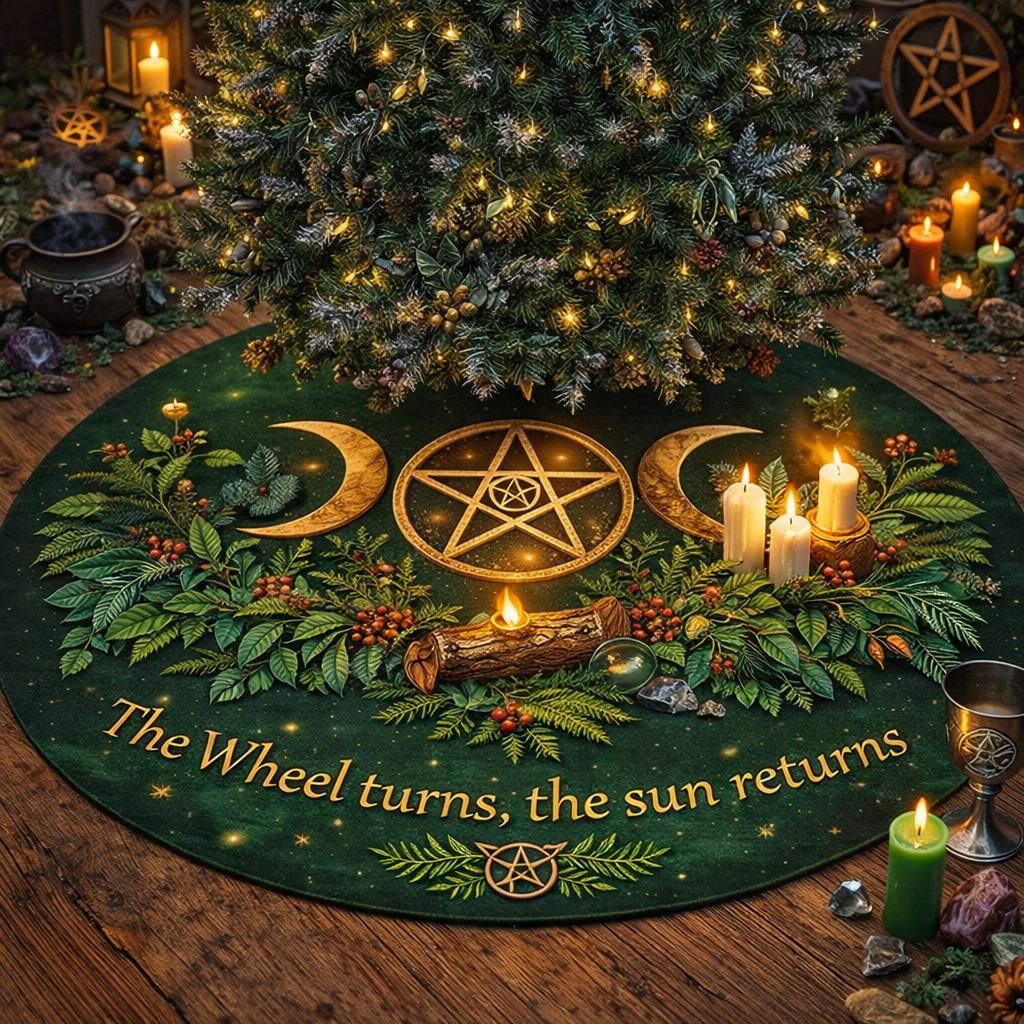 Dark green velvet tree skirt with golden Triple Moon, pentacle, and "The Wheel turns, the sun returns" text.
