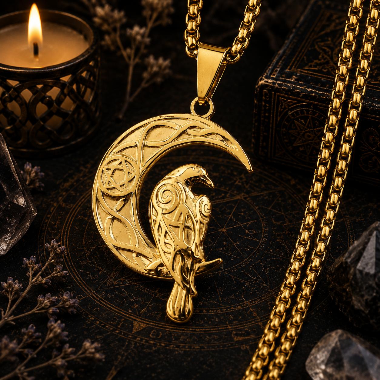 Gothic Wicca Celtic Knot Raven Crescent Moon Pendant Necklace Occult Witch Jewelry-MoonChildWorld