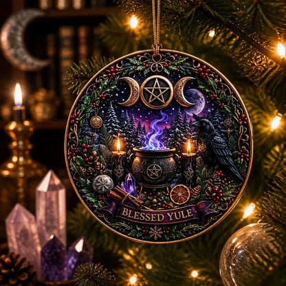 Gothic Wicca Christmas Ceramic Ornament with Triple Moon, Raven – Dark Christmas Tree Decoration_mockup_1.webp