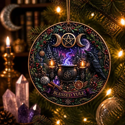 Gothic Wicca Christmas Ceramic Ornament with Triple Moon, Raven – Dark Christmas Tree Decoration_mockup_1.webp