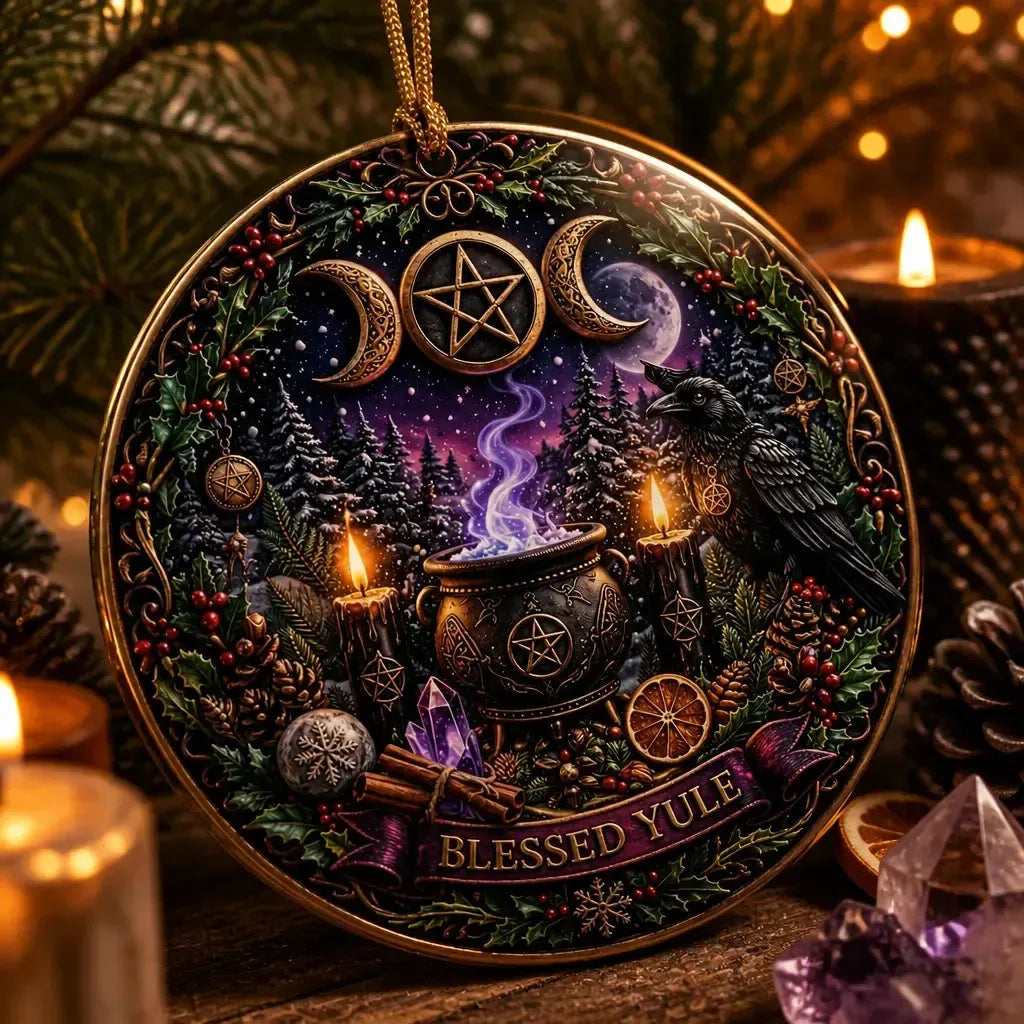 Gothic Wicca Christmas Ceramic Ornament with Triple Moon, Raven – Dark Christmas Tree Decoration_mockup_2.webp