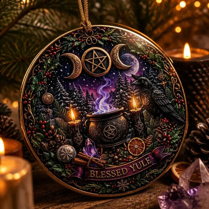 Gothic Wicca Christmas Ceramic Ornament with Triple Moon, Raven – Dark Christmas Tree Decoration_mockup_2.webp