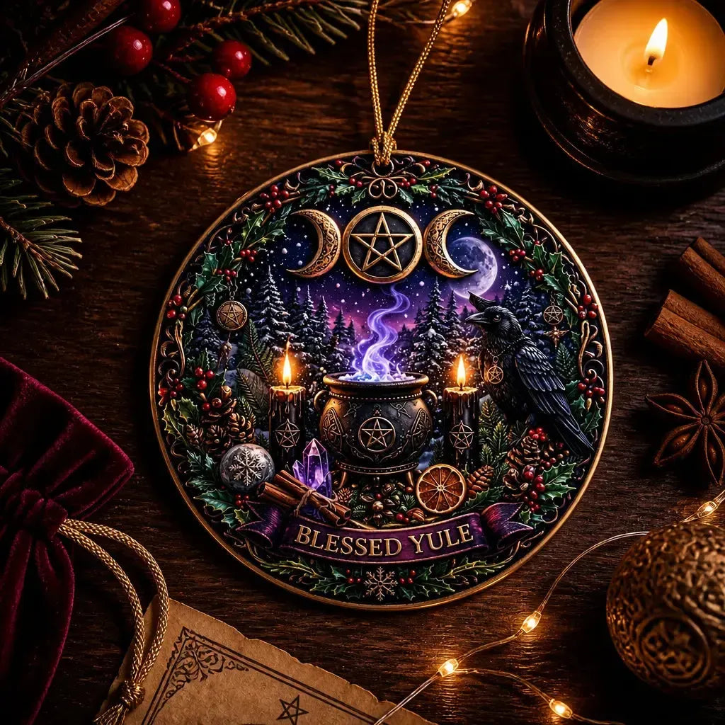 Gothic Wicca Christmas Ceramic Ornament with Triple Moon, Raven – Dark Christmas Tree Decoration_mockup_3.webp