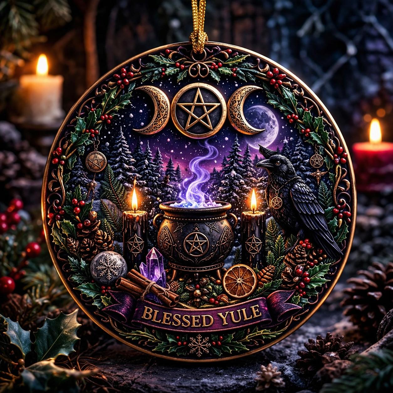 Gothic Wicca Christmas Ceramic Ornament with Triple Moon, Raven – Dark Christmas Tree Decoration-MoonChildWorld