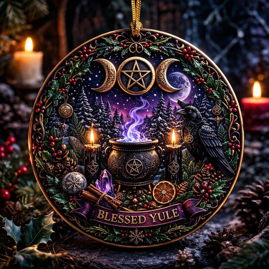 Gothic Wicca Christmas Ceramic Ornament with Triple Moon, Raven – Dark Christmas Tree Decoration-MoonChildWorld