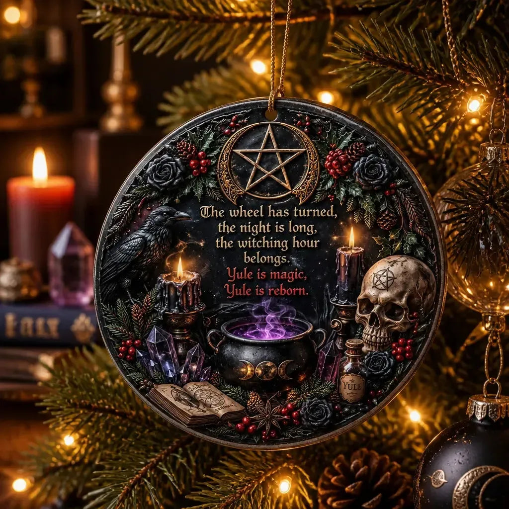 Gothic Wicca Yule Ceramic Ornament with Pentacle, Raven, Skull – Dark Aesthetic Tree Charm_mockup_1.webp