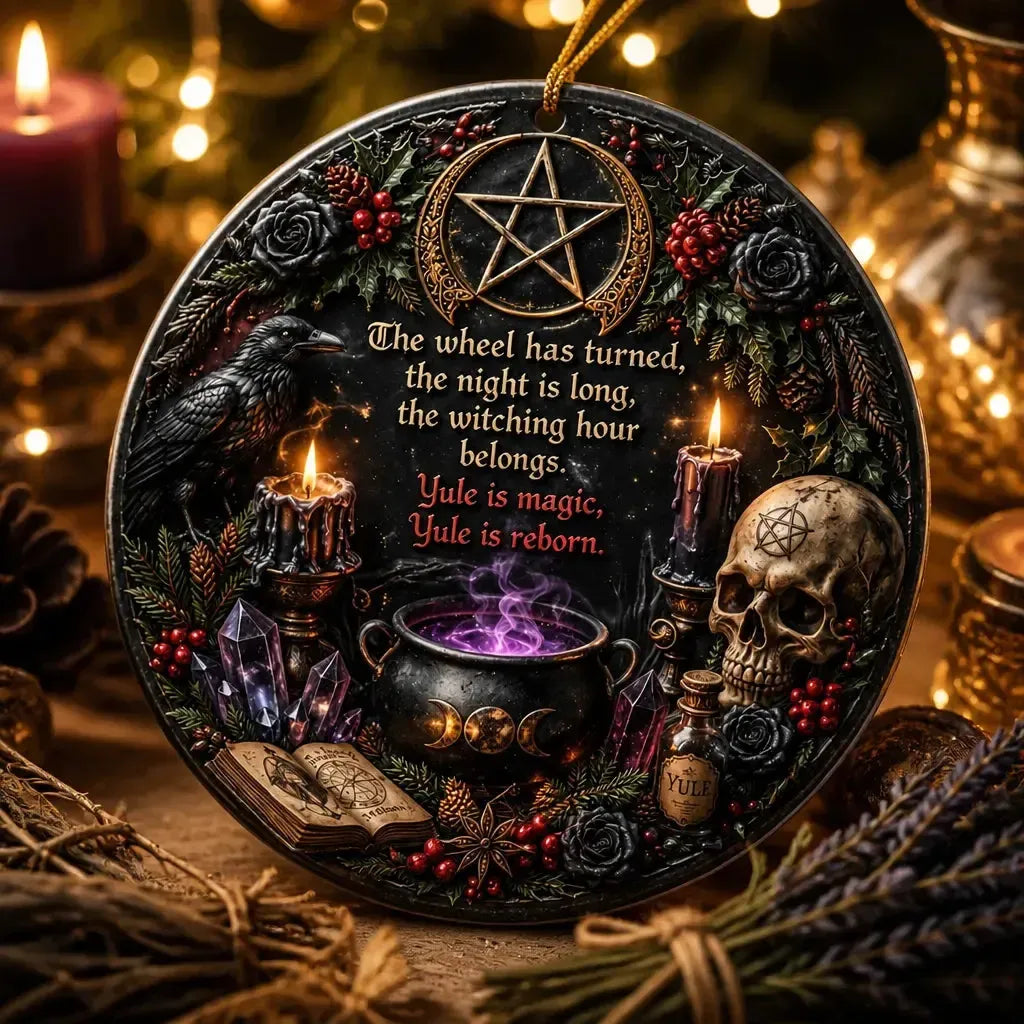 Gothic Wicca Yule Ceramic Ornament with Pentacle, Raven, Skull – Dark Aesthetic Tree Charm_mockup_2.webp