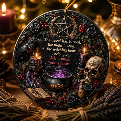 Gothic Wicca Yule Ceramic Ornament with Pentacle, Raven, Skull – Dark Aesthetic Tree Charm_mockup_2.webp