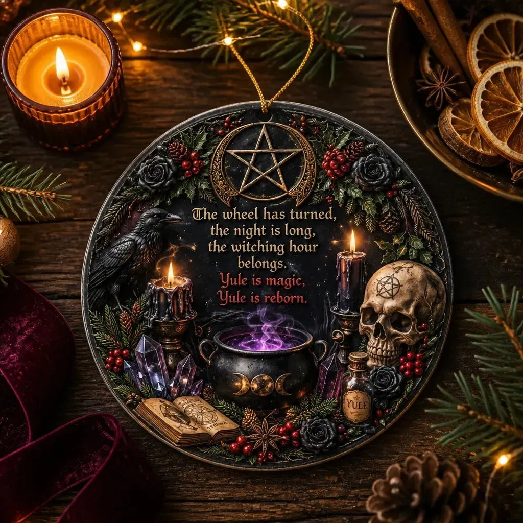 Gothic Wicca Yule Ceramic Ornament with Pentacle, Raven, Skull – Dark Aesthetic Tree Charm_mockup_3.webp