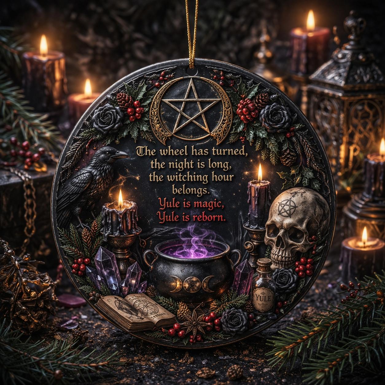 Gothic Wicca Yule Ceramic Ornament with Pentacle, Raven, Skull – Dark Aesthetic Tree Charm-MoonChildWorld