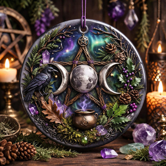 Gothic Wicca Yule Ceramic Ornament with Triple Moon, Pentagram, Raven – Dark Christmas Tree Ornament-MoonChildWorld