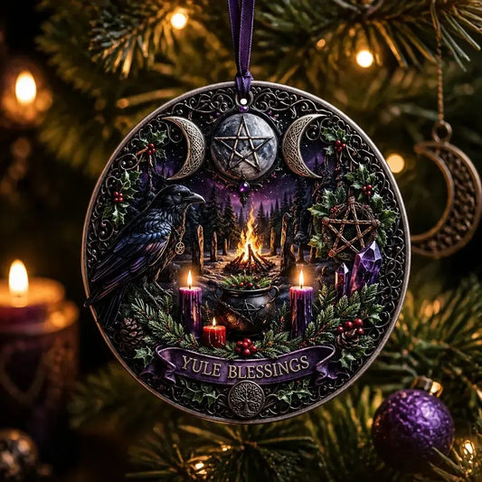 Gothic Wicca Yule Ceramic Ornament with Triple Moon, Raven – Halloween Style Christmas Ornament_mockup_1.webp