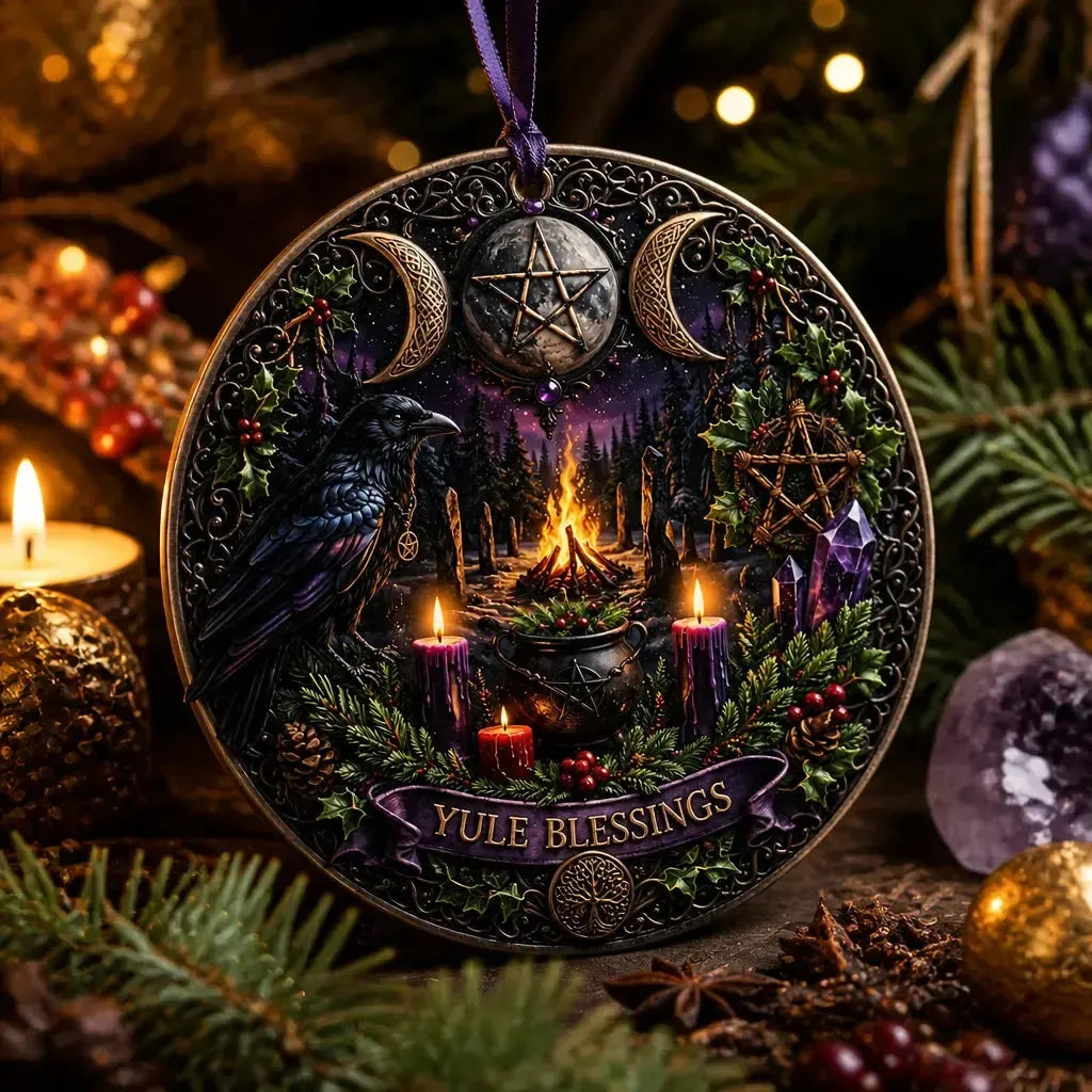 Gothic Wicca Yule Ceramic Ornament with Triple Moon, Raven – Halloween Style Christmas Ornament_mockup_2.webp