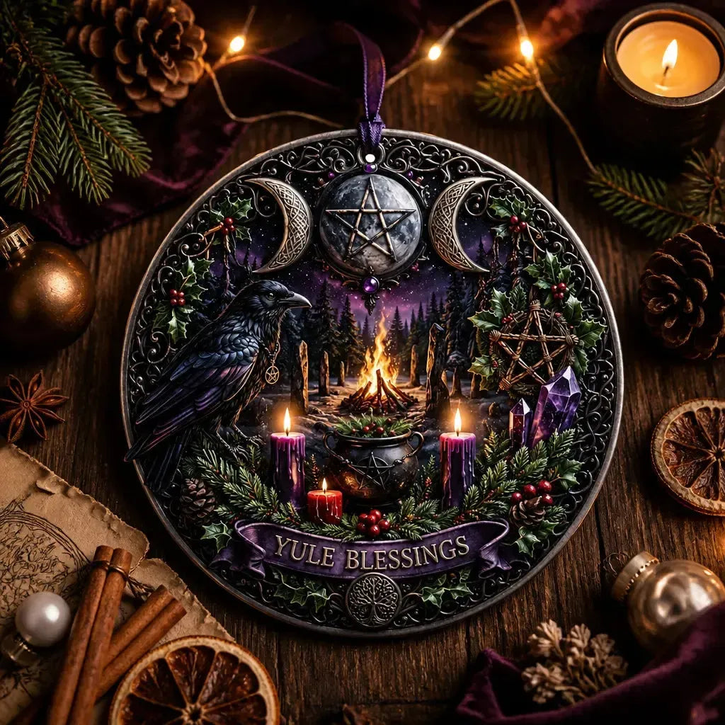 Gothic Wicca Yule Ceramic Ornament with Triple Moon, Raven – Halloween Style Christmas Ornament_mockup_3.webp