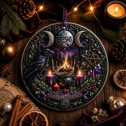 Gothic Wicca Yule Ceramic Ornament with Triple Moon, Raven – Halloween Style Christmas Ornament_mockup_3.webp