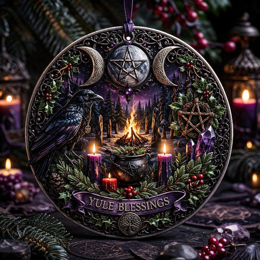 Gothic Wicca Yule Ceramic Ornament with Triple Moon, Raven – Halloween Style Christmas Ornament-MoonChildWorld