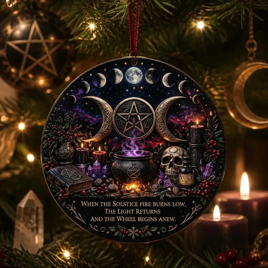 Gothic Wiccan Yule Ceramic Ornament with Triple Moon, Moon Phase, Skull - Halloween Style Christmas Ornament_mockup_1.webp