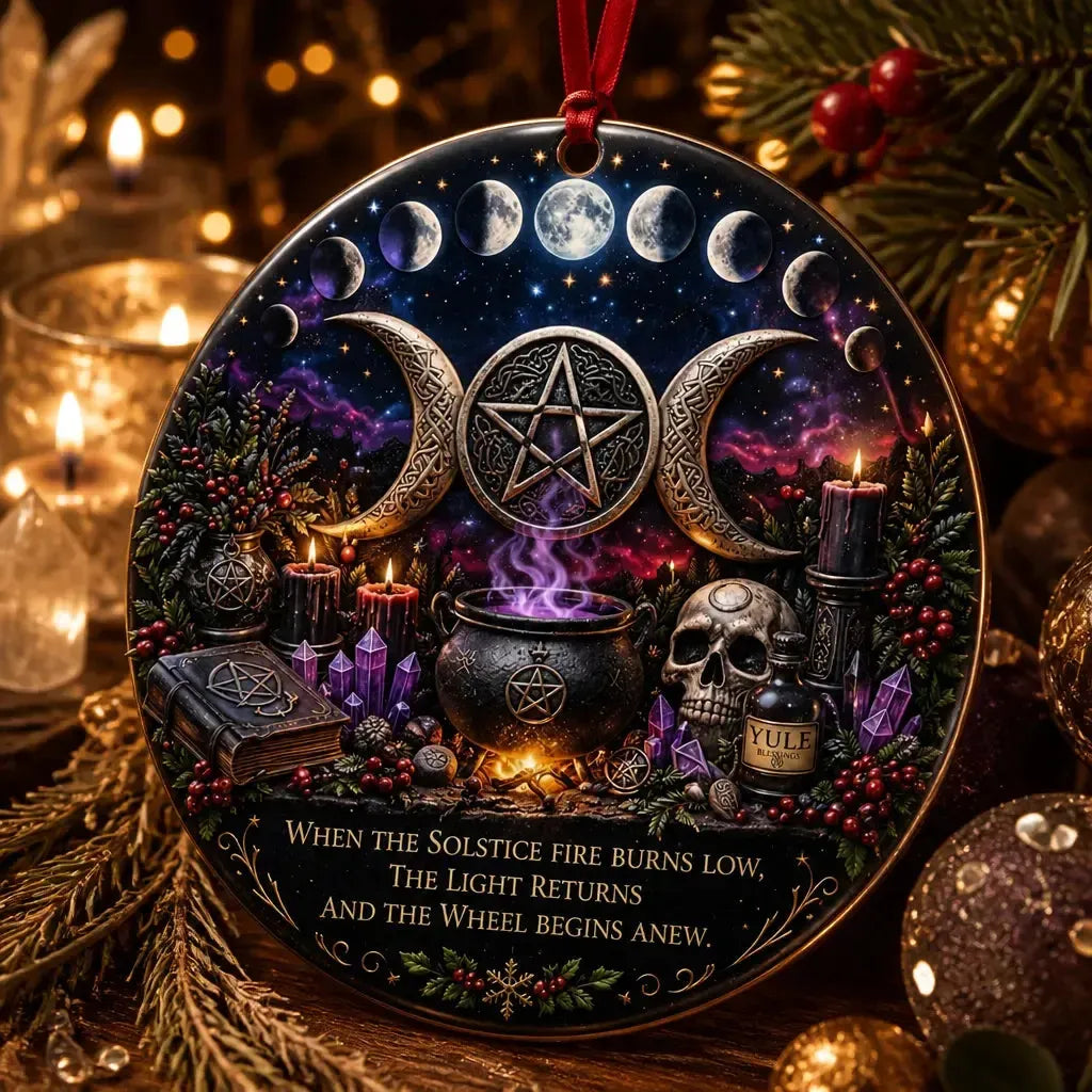 Gothic Wiccan Yule Ceramic Ornament with Triple Moon, Moon Phase, Skull - Halloween Style Christmas Ornament_mockup_2.webp