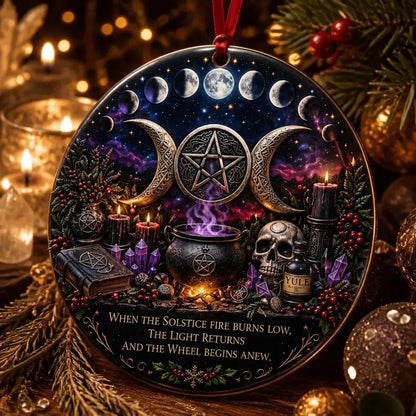 Gothic Wiccan Yule Ceramic Ornament with Triple Moon, Moon Phase, Skull - Halloween Style Christmas Ornament_mockup_2.webp