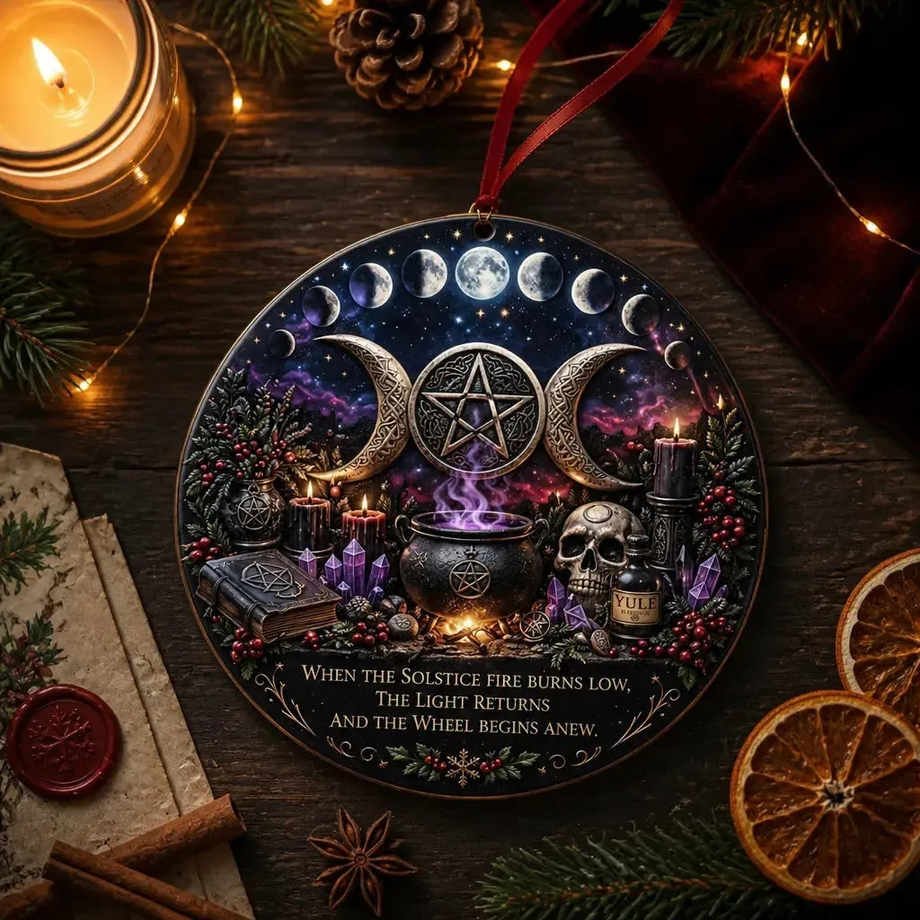 Gothic Wiccan Yule Ceramic Ornament with Triple Moon, Moon Phase, Skull - Halloween Style Christmas Ornament_mockup_3.webp
