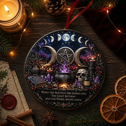 Gothic Wiccan Yule Ceramic Ornament with Triple Moon, Moon Phase, Skull - Halloween Style Christmas Ornament_mockup_3.webp