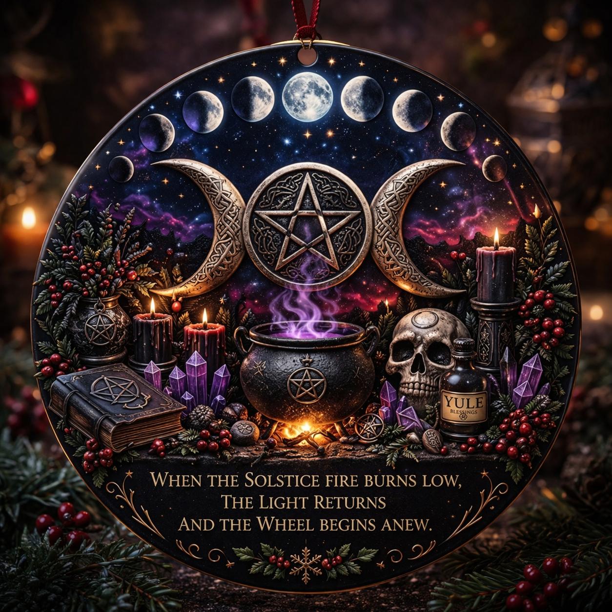 Gothic Wiccan Yule Ceramic Ornament with Triple Moon, Moon Phase, Skull - Halloween Style Christmas Ornament-MoonChildWorld