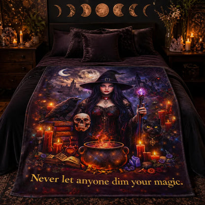 Gothic Witch Blanket With Black Cat, Skull, Raven Halloween Home Decor_mockup_1.webp