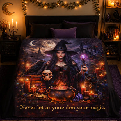 Gothic Witch Blanket With Black Cat, Skull, Raven Halloween Home Decor_mockup_2.webp