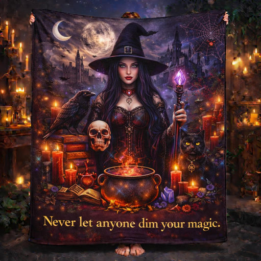 Gothic witch blanket with black cat, skull, raven, cauldron, and crescent moon under a starry night.