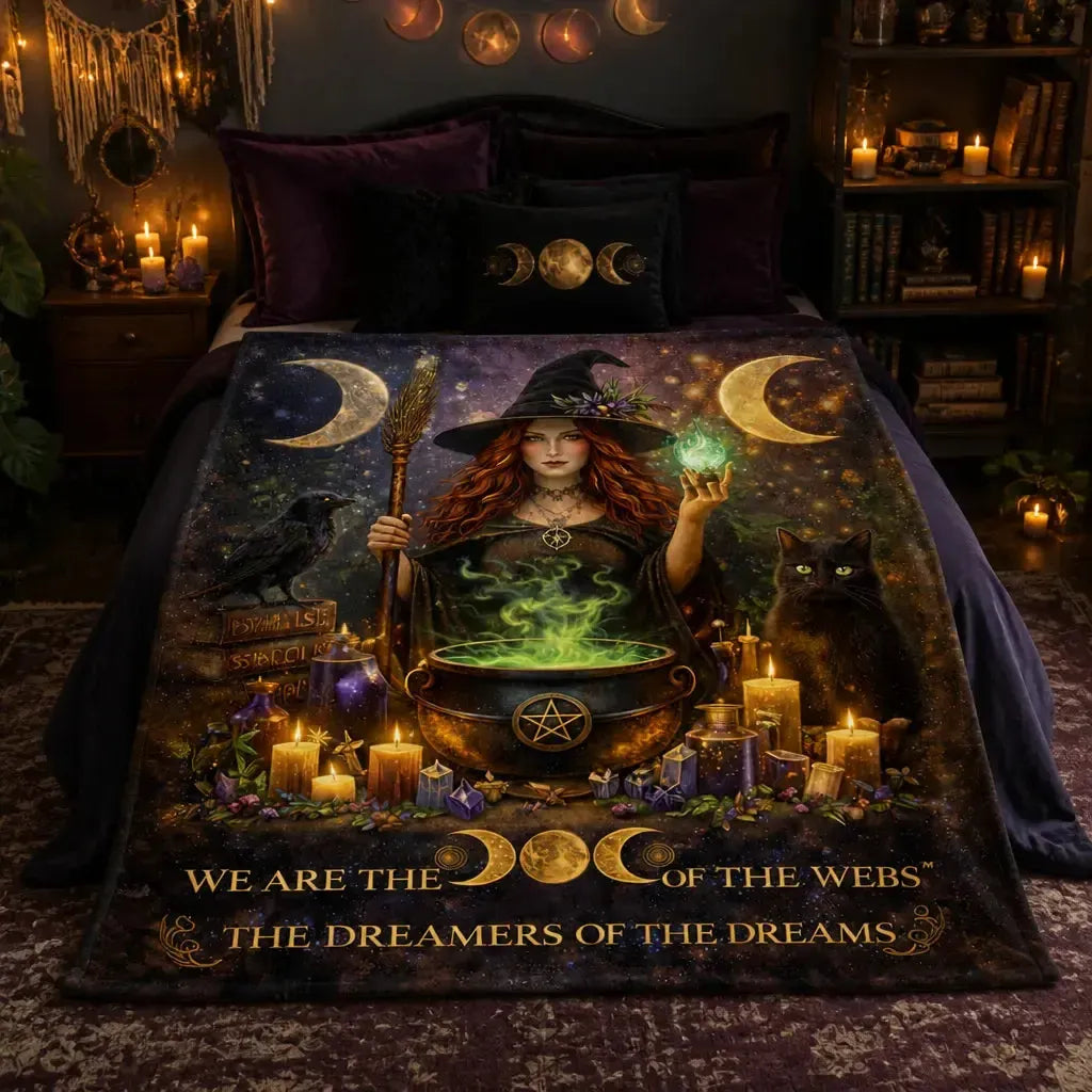 Gothic Witch Blanket with Black Cat, Raven - Wicca Halloween Home Decor_mockup_1.webp