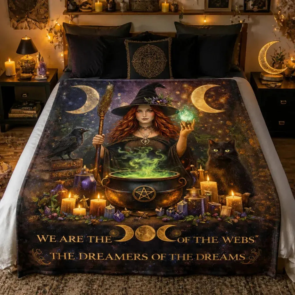 Gothic Witch Blanket with Black Cat, Raven - Wicca Halloween Home Decor_mockup_2.webp