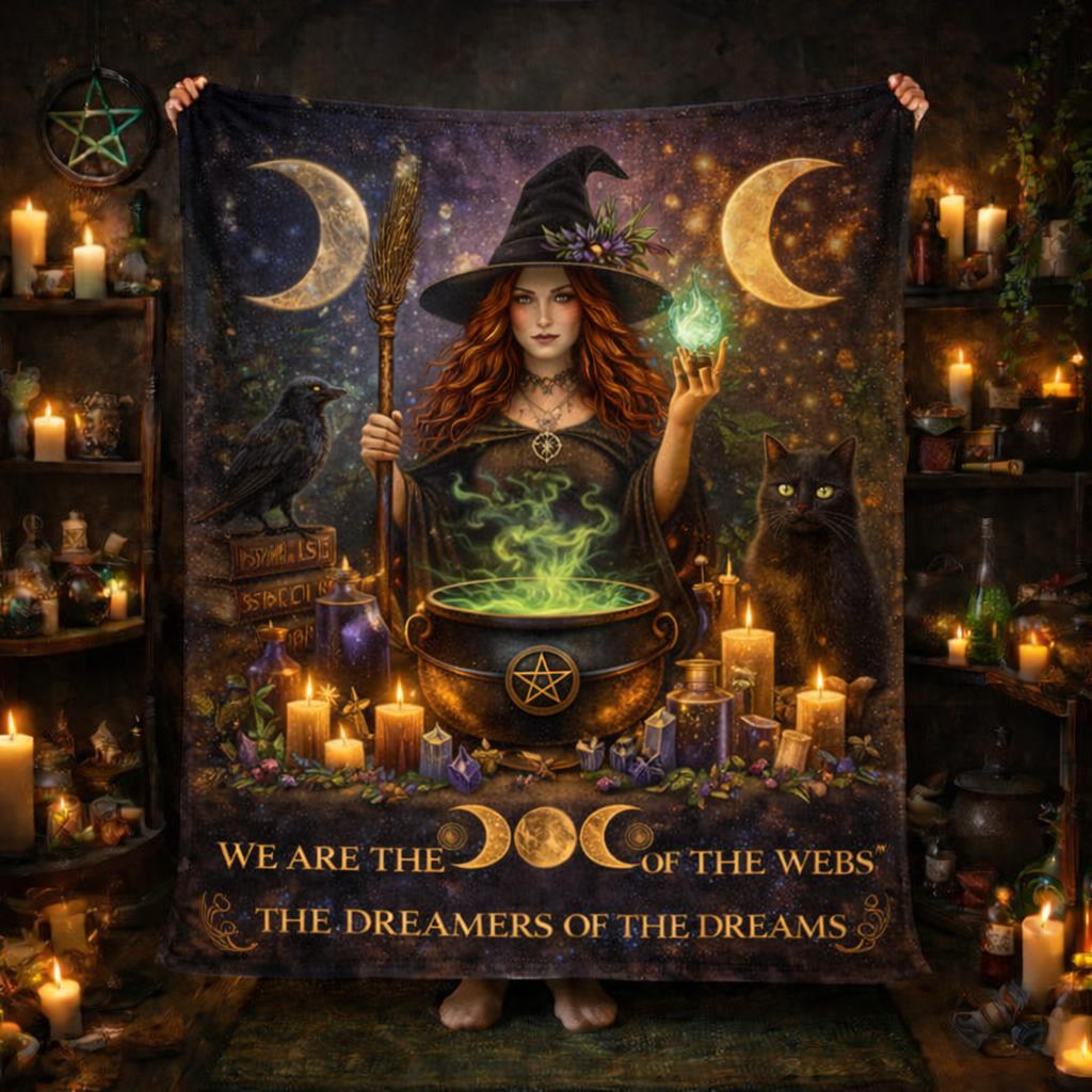 Gothic Witch Blanket with Black Cat, Raven - Wicca Halloween Home Decor-MoonChildWorld