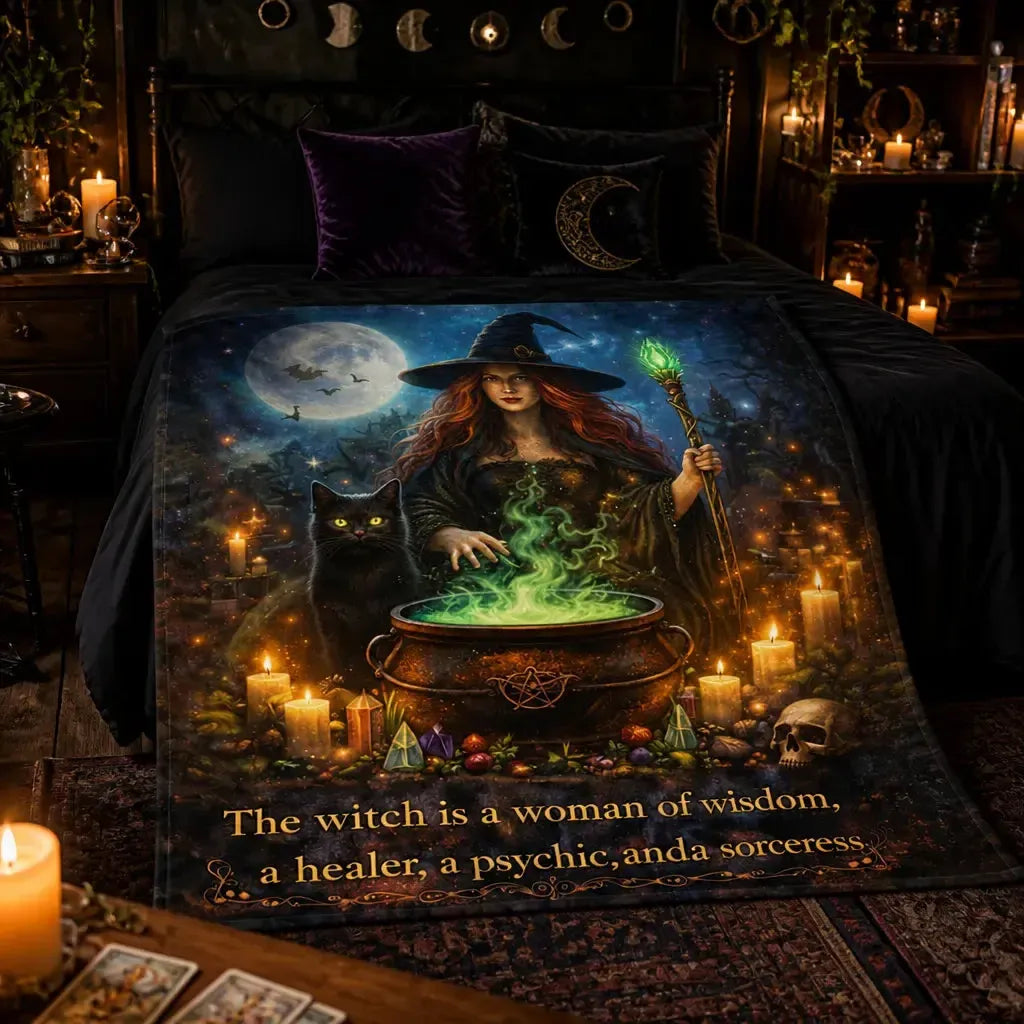 Gothic Witch Blanket with Black Cat - Wiccan Home Decor for Halloween_mockup_1.webp