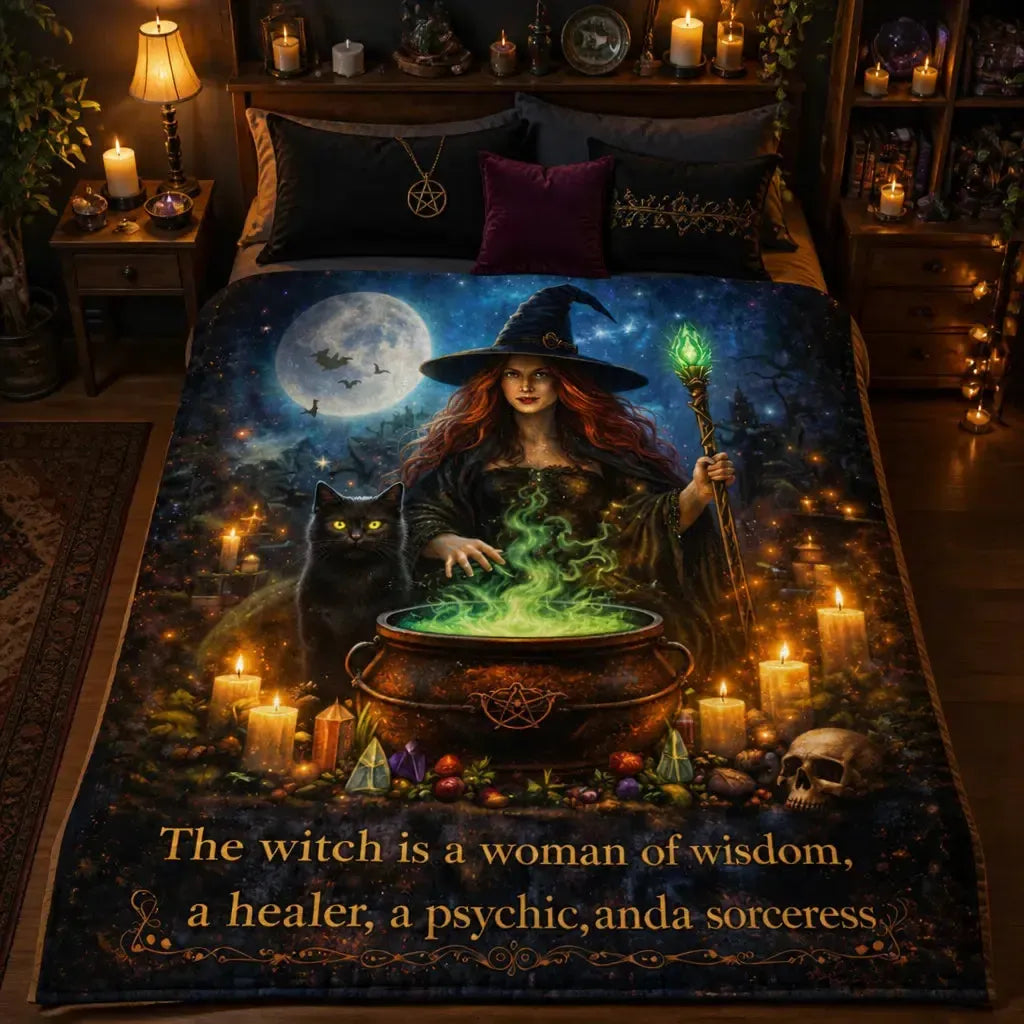 Gothic Witch Blanket with Black Cat - Wiccan Home Decor for Halloween_mockup_2.webp