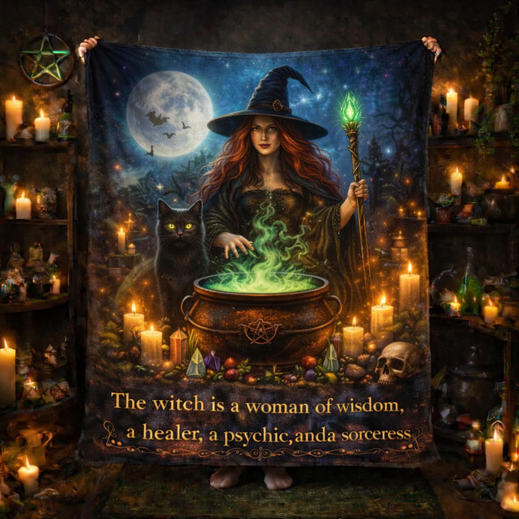 Gothic Witch Blanket with Black Cat - Wiccan Home Decor for Halloween-MoonChildWorld