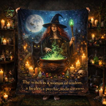 Gothic witch blanket with red-haired witch, black cat, glowing cauldron, full moon, and text.