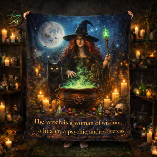 Gothic Witch Blanket with Black Cat - Wiccan Home Decor for Halloween-MoonChildWorld