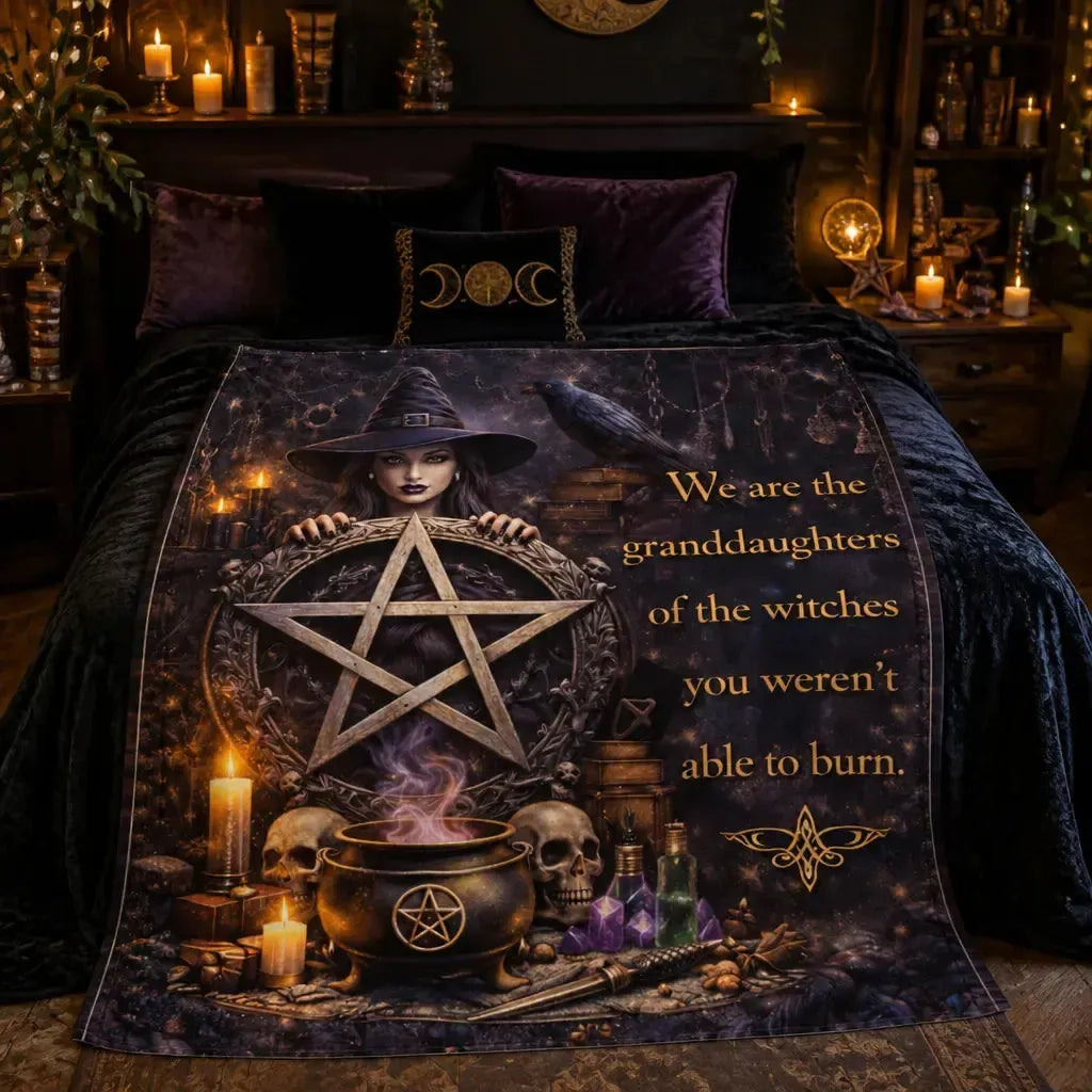 Gothic Witch Blanket with Skull, Crow, Cauldron for Wiccan Halloween Home Decor_mockup_1.webp