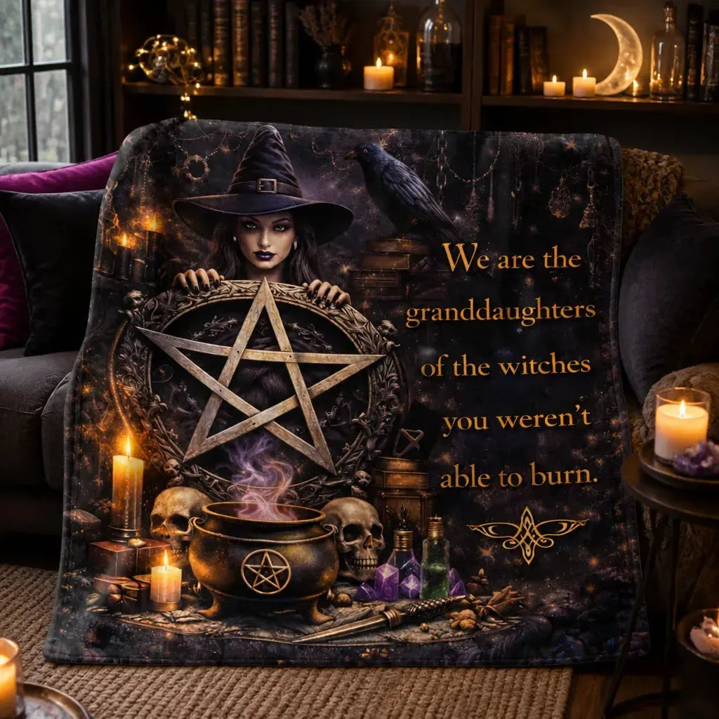Gothic Witch Blanket with Skull, Crow, Cauldron for Wiccan Halloween Home Decor_mockup_2.webp