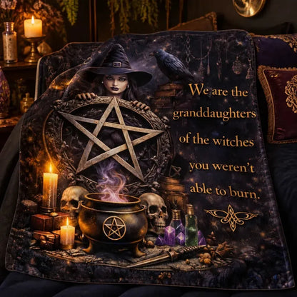 Gothic Witch Blanket with Skull, Crow, Cauldron for Wiccan Halloween Home Decor_mockup_3.webp