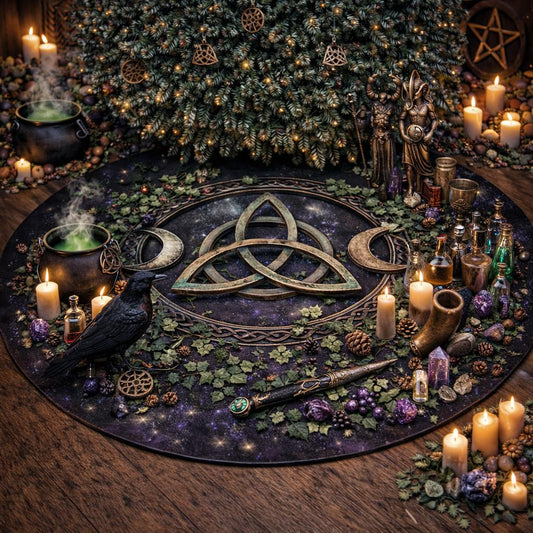 Dark velvet tree skirt with a central bronze Celtic Triquetra, crescent moons, ivy, and a raven, surrounded by candles and witchy decor.