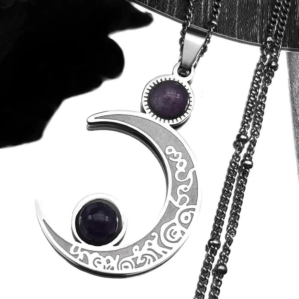 Gothic Witch Crescent Moon Necklace Natural Stone Wicca Jewelry-MoonChildWorld