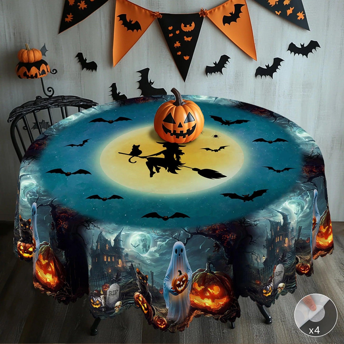 Gothic Witch Halloween Tablecloth - Spooky Table Decoration Tablecloth-MoonChildWorld