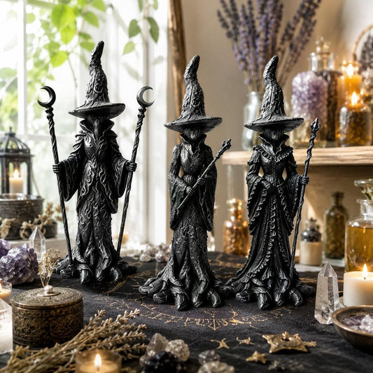 Gothic witch statues displayed on dark witchy altar with crystals and candles